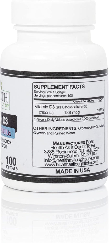 Vitamin D3 7500 IU Supplement – 100 Softgels – Doctor Formulated