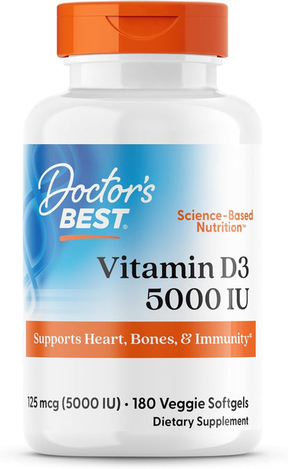 Doctor's Best Vitamin D3 5000 IU Soft gel capsule Capsules, 180 Vegetable Capsules