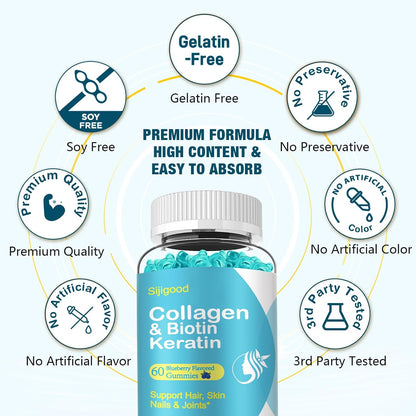 Biotin Gummies with Collagen, Keratin & Hyaluronic Acid - 60 Blueberry Gummies
