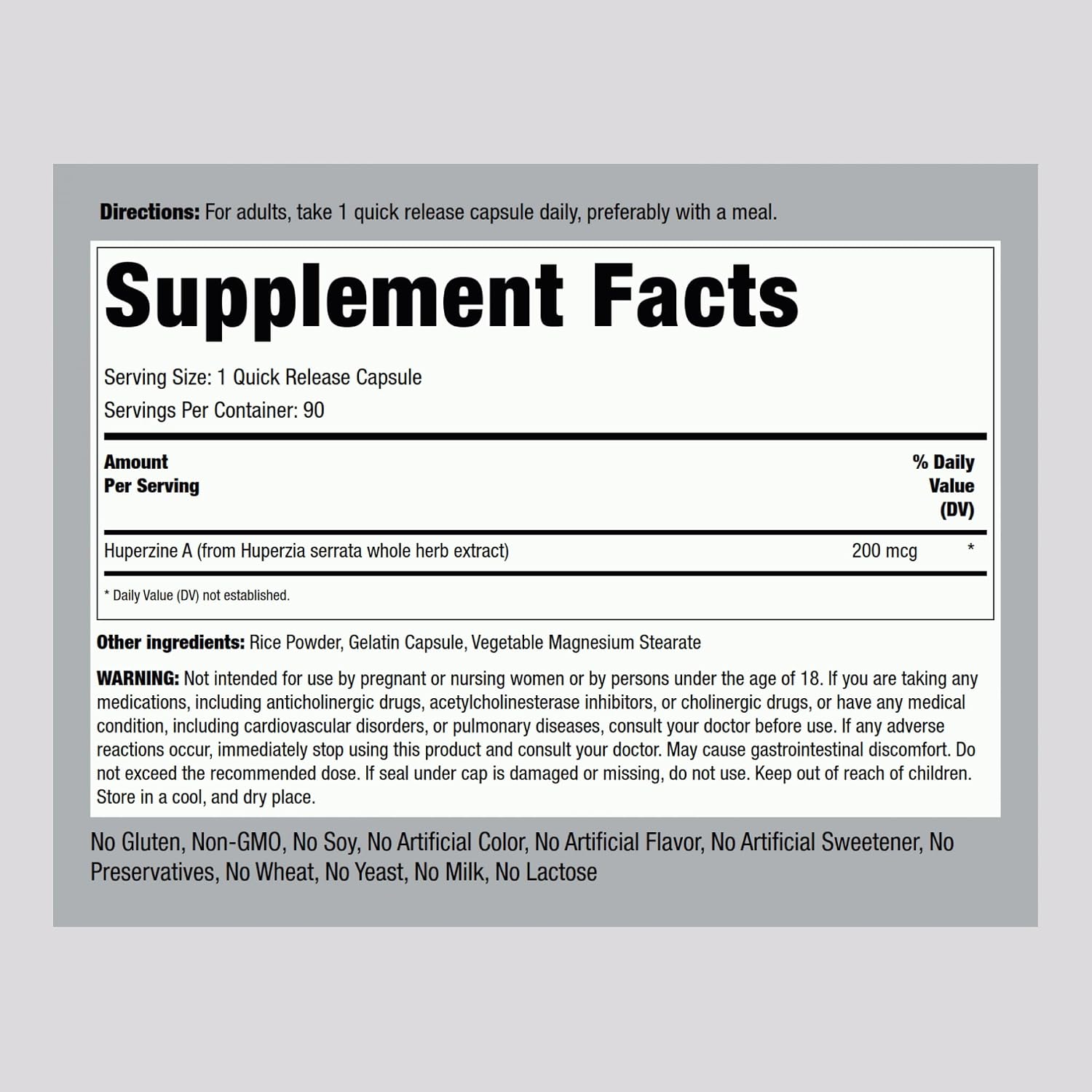 Piping Rock Huperzine A Supplement, 200mcg, 90 Fast Release Capsules, Non-GMO and Gluten-free - görsel 2