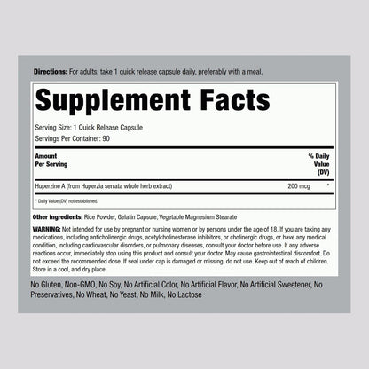 Piping Rock Huperzine A Supplement, 200mcg, 90 Fast Release Capsules, Non-GMO and Gluten-free