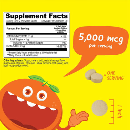 VitaWorks Kids Biotin 5000mcg Chewable Tablets | Tasty Biotin Supplement | Vegan, Non GMO | Hair, Skin and Nail Support | Hair Vitamins for Kids | 120 Chewables