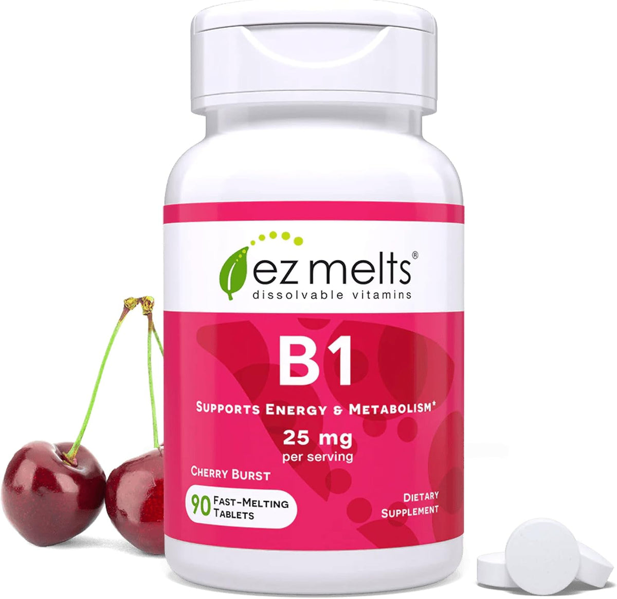 EZ Melts Dissolvable Vitamin B1 25 mg - Thiamin Supplement for Energy, Stress & Cellular Support - No Artificial Flavours - Non-GMO & Vegan - Cherry Burst - 90 Dissolvable Tablets (45 Servings) - görsel 1