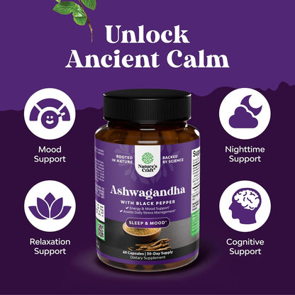 Ashwagandha Root Powder Capsules 1300 mg – Premium Relaxation & Sleep Supplement – Calming Energy for Women and Men – 60 Count