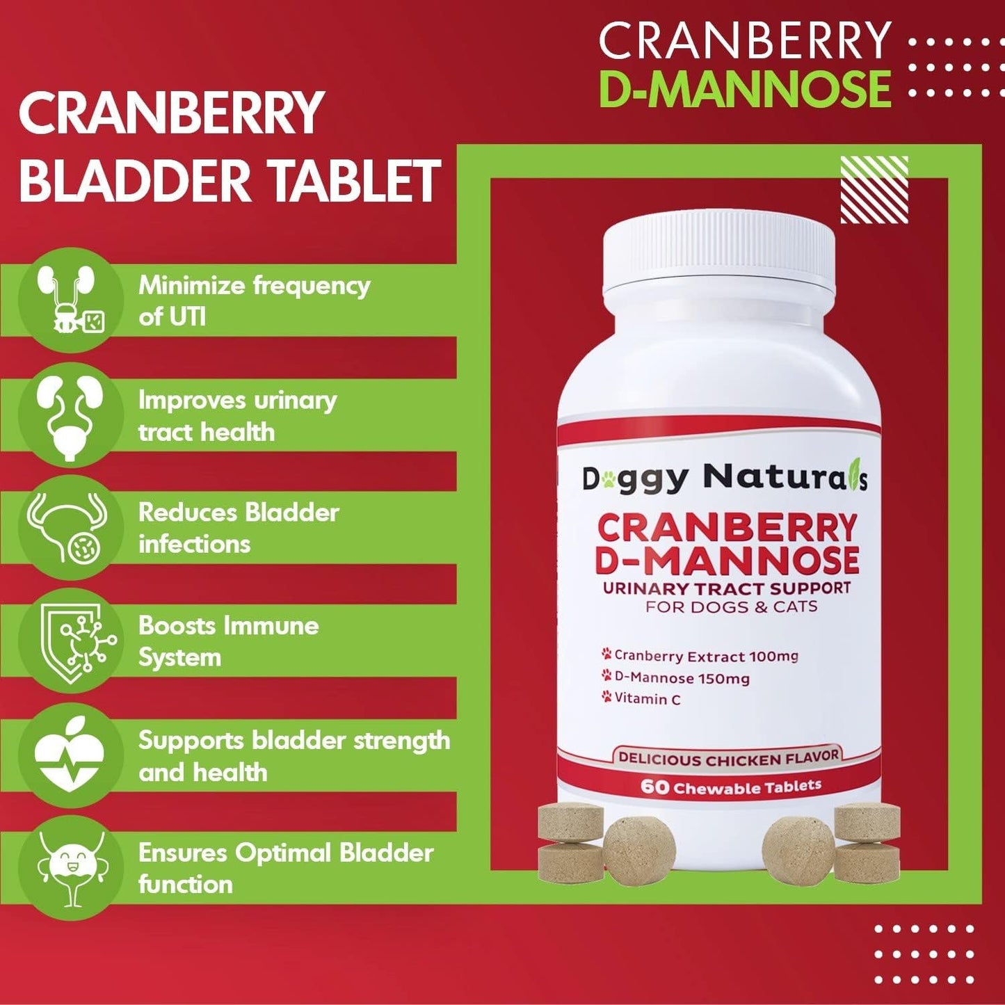 Doggy Naturals Cranberry D-Mannose for Dogs and Cats - Chicken Liver Flavoured Chewable Tablets - Urinary Tract Health Support (60 Count) - görsel 3