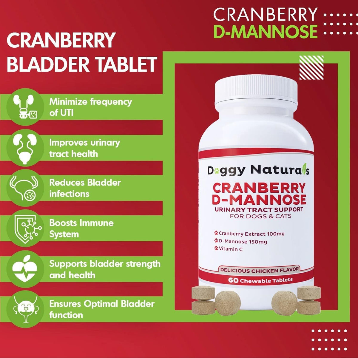 Doggy Naturals Cranberry D-Mannose for Dogs and Cats - Chicken Liver Flavoured Chewable Tablets - Urinary Tract Health Support (60 Count) - görsel 3