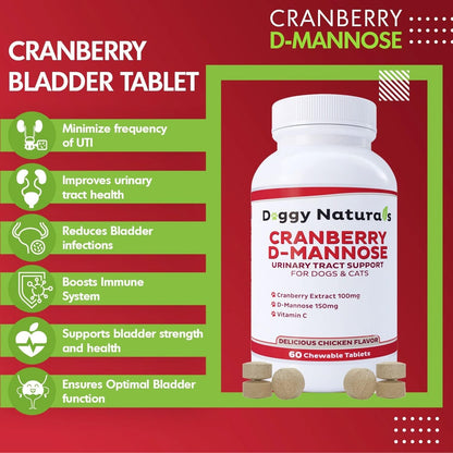 Doggy Naturals Cranberry D-Mannose for Dogs and Cats - Chicken Liver Flavoured Chewable Tablets - Urinary Tract Health Support (60 Count)
