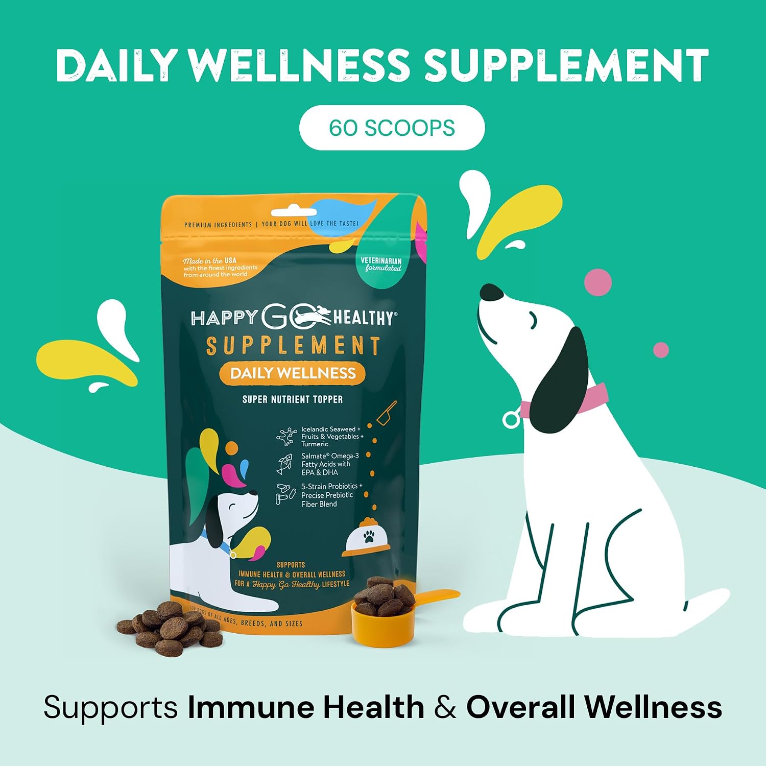 Happy Go Healthy Daily Wellness Supplements for Dogs – Probiotic & Prebiotic with Salmon Oil & Seaweed, 60 Count - görsel 2