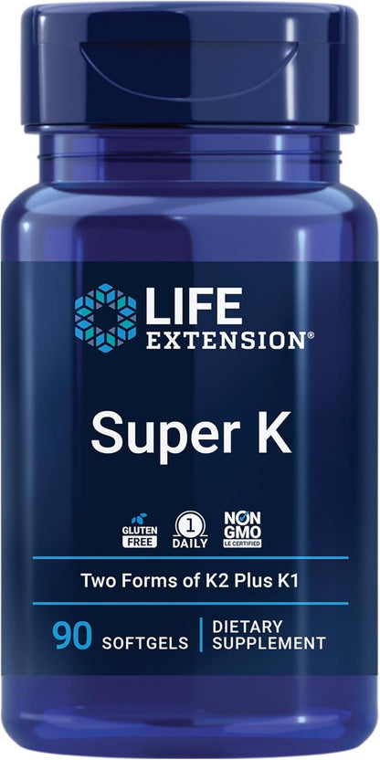 Life Extension Super K, 2000 mcg Vitamin K1 & 1180 mcg Vitamin K2, 90 Soft gel capsules