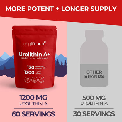 LongLifeNutri Urolithin A 1200mg – Postbiotic Food Supplement, 120 Vegan Capsules