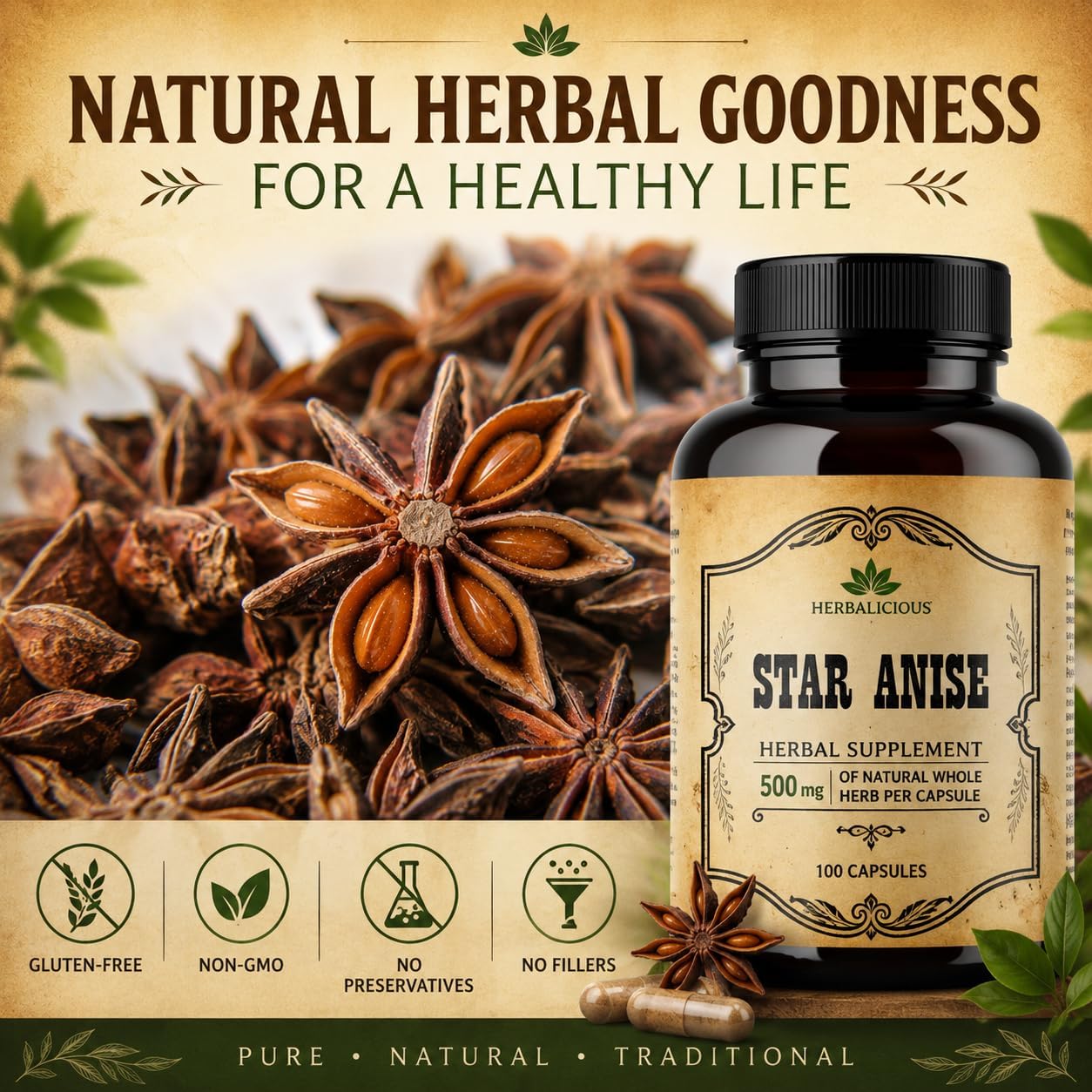 HERBALICIOUS Organic Star Anise Supplement – 100 Capsules – 1000mg - görsel 5