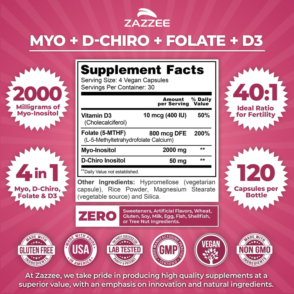 Zazzee Myo & D-Chiro Inositol with Vitamin D3 & Folate, 120 Vegan Capsules - görsel 2