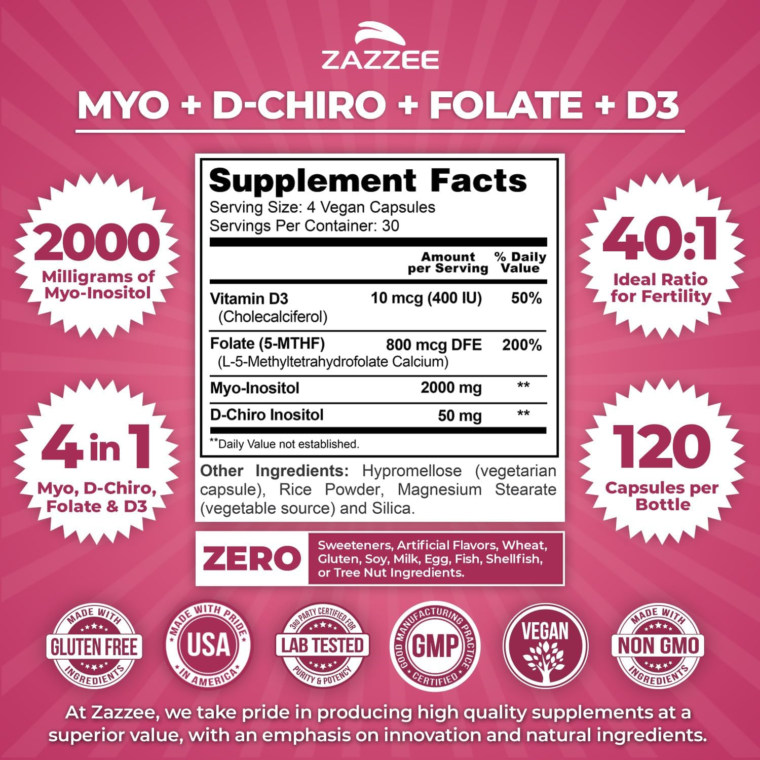 Zazzee Myo & D-Chiro Inositol with Vitamin D3 & Folate, 120 Vegan Capsules - görsel 2
