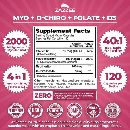 Zazzee Myo & D-Chiro Inositol with Vitamin D3 & Folate, 120 Vegan Capsules