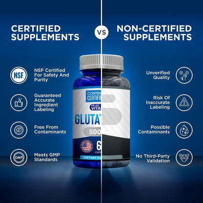 We Like Vitamins NSF Certified Glutathione Supplement 500mg - 60 Capsules of Reduced L-Glutathione for Antioxidant & Immune Support - Manufactured in the USA