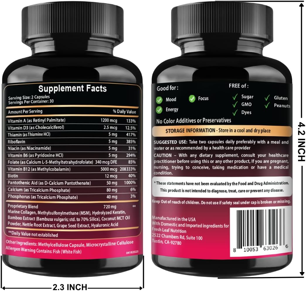 VITBOOST B12 Complex with Hyaluronic Acid, Collagen and Folate – 25000 µg B12 Complex, 5000 µg Methylcobalamin – 60 Capsules - görsel 6