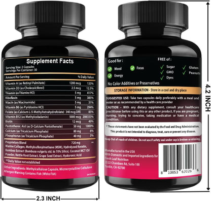 VITBOOST B12 Complex with Hyaluronic Acid, Collagen and Folate – 25000 µg B12 Complex, 5000 µg Methylcobalamin – 60 Capsules