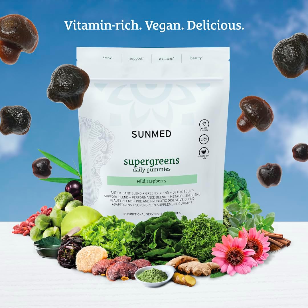 SUNMED Supergreens Daily Gummies - Wellness Blend, Wild Raspberry, 60 Count - görsel 2