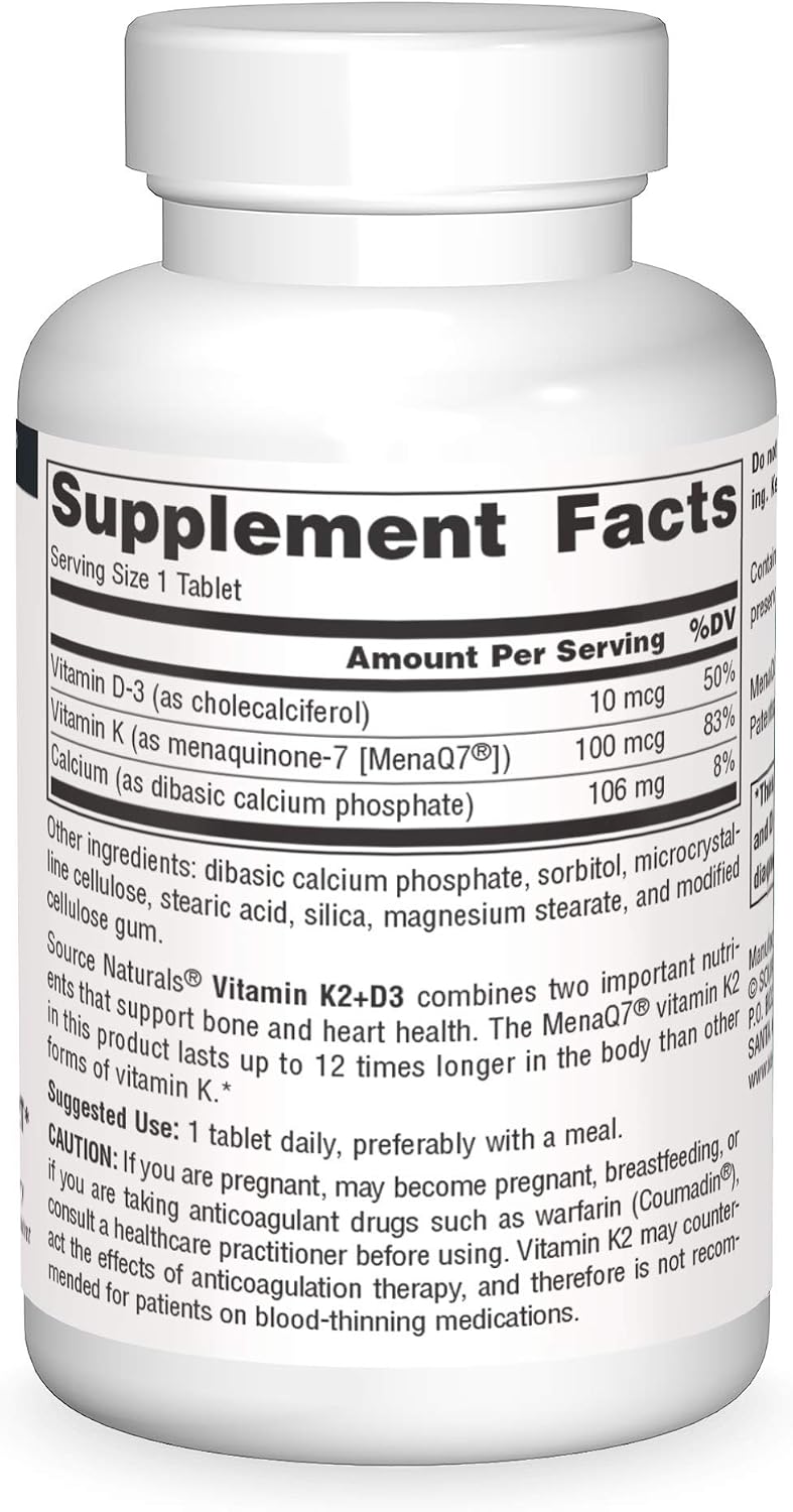 Source Naturals Vitamin K2 + D3 Bone & Heart Health Complex - 400 IU Vitamin D3 & 100 mcg Vitamin K2 (MK-7) with Calcium - 60 Tablets - görsel 3