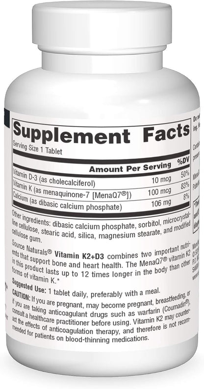 Source Naturals Vitamin K2 + D3 Bone & Heart Health Complex - 400 IU Vitamin D3 & 100 mcg Vitamin K2 (MK-7) with Calcium - 60 Tablets