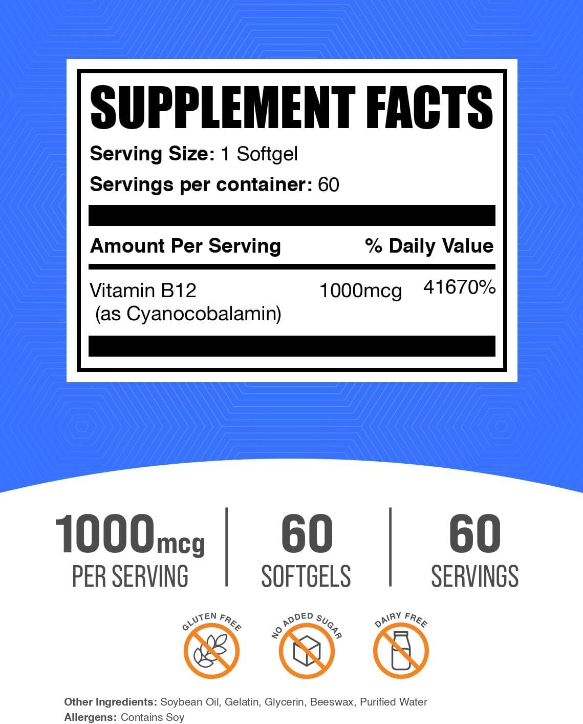 BulkSupplements Vitamin B12 1000mcg Softgels – Cyanocobalamin, 60 Softgels - görsel 2