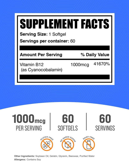 BulkSupplements Vitamin B12 1000mcg Softgels – Cyanocobalamin, 60 Softgels