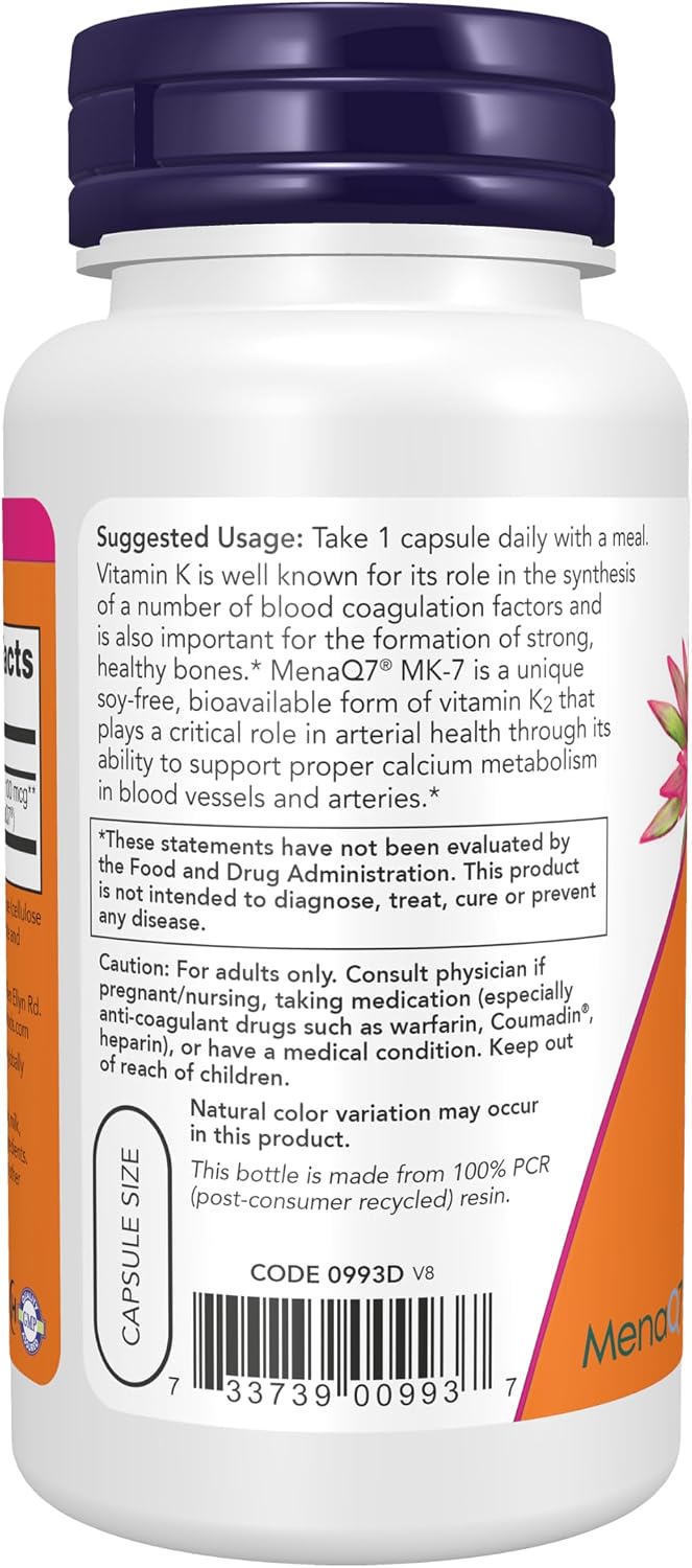 NOW Foods MK-7 Vitamin K-2 100 mcg, 120 Vegan Capsules - görsel 3