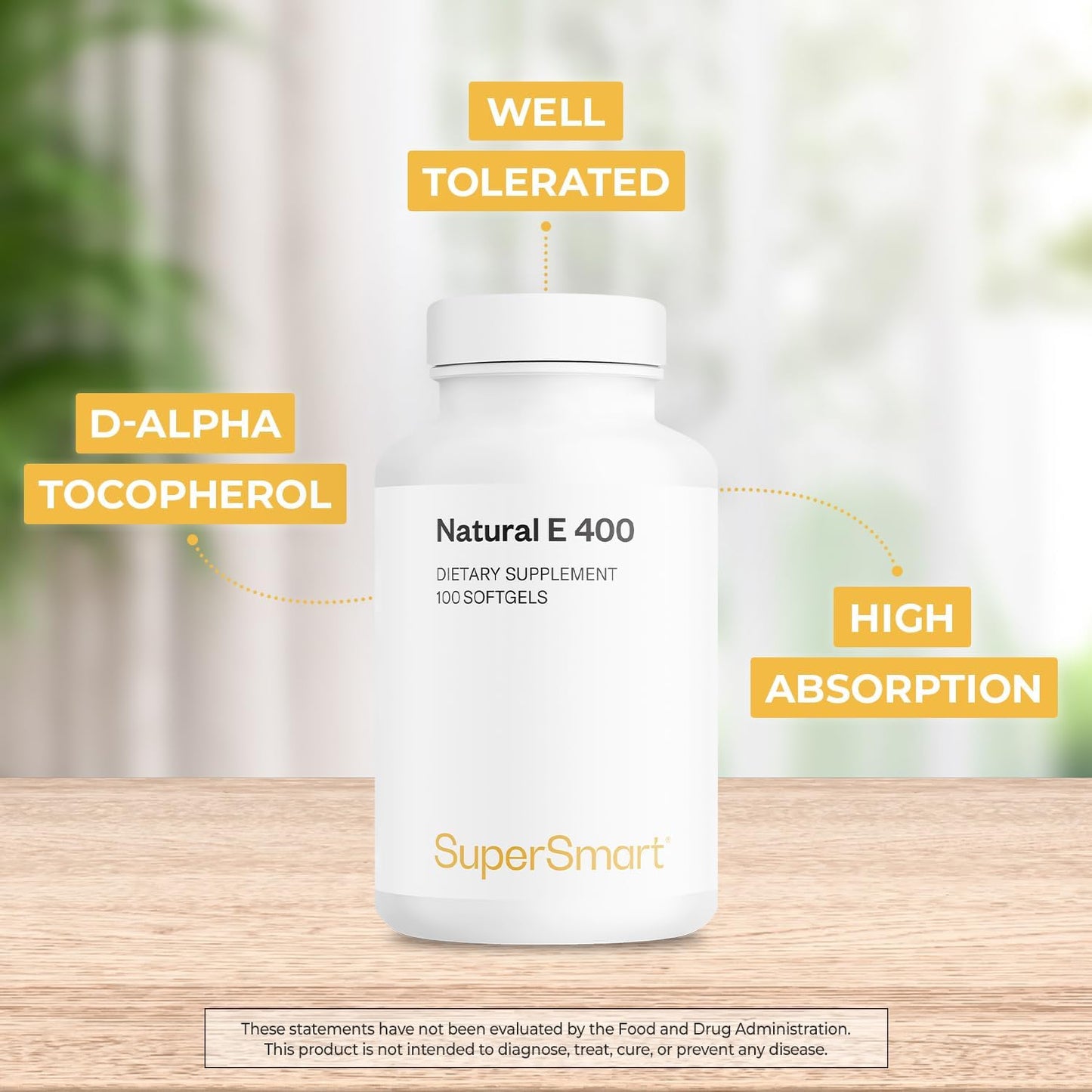 Supersmart Natural E 400 (D-Alpha Tocopherol) 1200IU per Day - High Absorption Vitamin E Supplement | Non-GMO - 100 Softgels - görsel 3