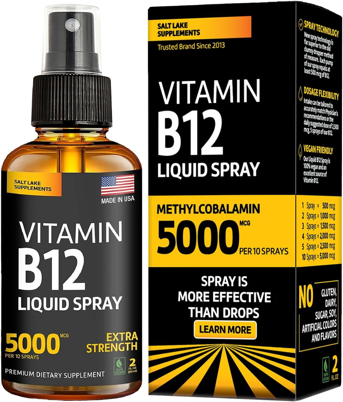 Vitamin B12 Sublingual Spray 5000 mcg – Vegan Methylcobalamin Liquid B12 for Energy, Mood & Brain Health – Gluten-Free, – Image 1