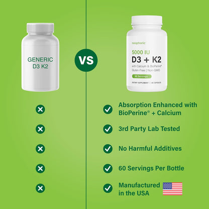 Noophoric Vitamin D3 K2 5000 IU, D3 with K2 MK7, Vitamin D3 K2 Capsules with Calcium and BioPerine, Non-GMO, Gluten-free, Soya-free, 60 Capsules