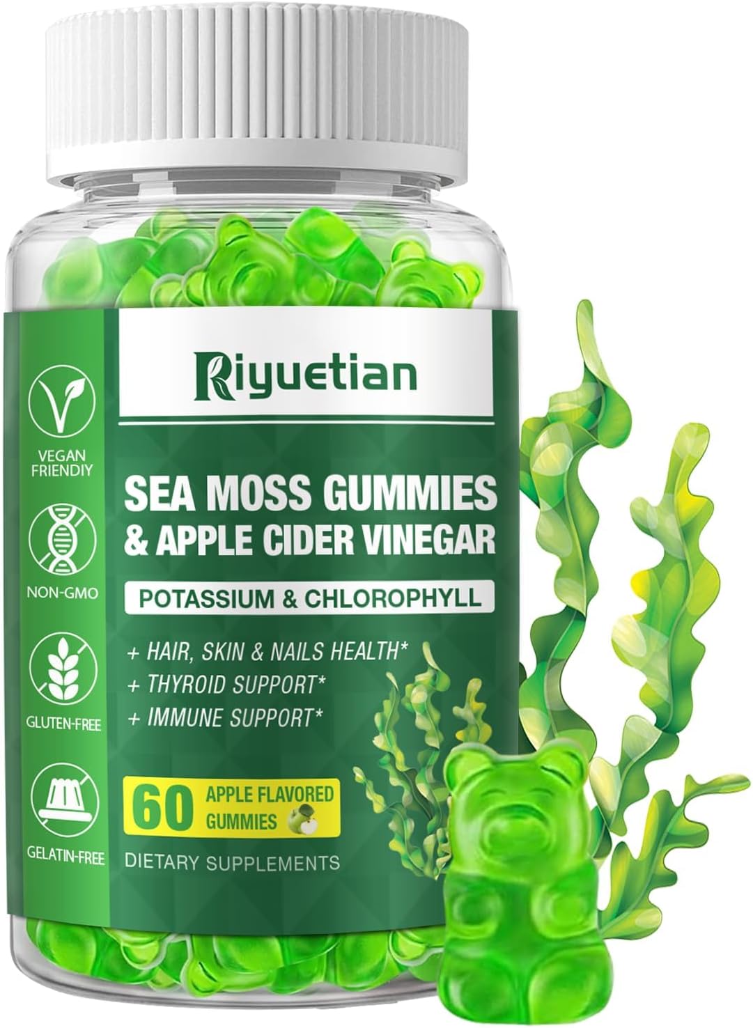 Sea Moss Gummies - 60 Count - Natural Apple Flavour - with Bladderwrack & Burdock Root - Vegan, Non-GMO - görsel 1
