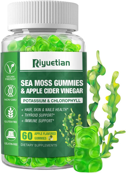 Sea Moss Gummies - 60 Count - Natural Apple Flavour - with Bladderwrack & Burdock Root - Vegan, Non-GMO