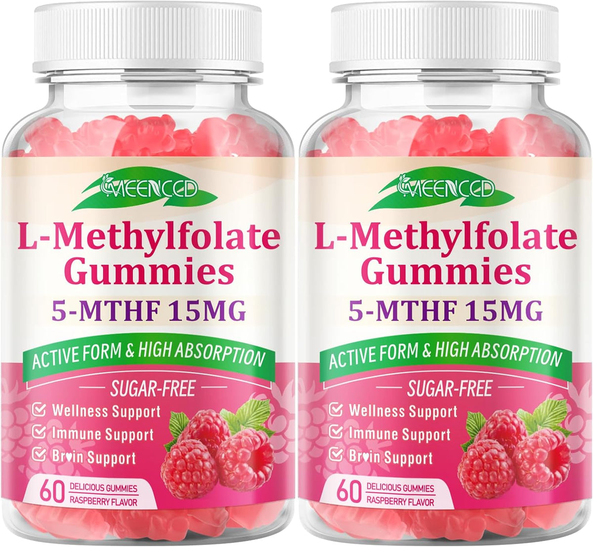 MEENCCD 2 Pack L-Methylfolate Gummies - Active 5-MTHF Supplement - Vegan, Raspberry Flavour (120 Count) - görsel 8