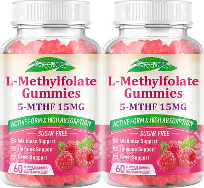 MEENCCD 2 Pack L-Methylfolate Gummies - Active 5-MTHF Supplement - Vegan, Raspberry Flavour (120 Count)