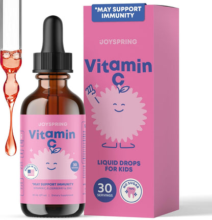 JoySpring Vitamin C and Zinc Liquid for Children – with Elderberry, Alcohol-Free, Sugar-Free, 60 ml (30 Servings)
