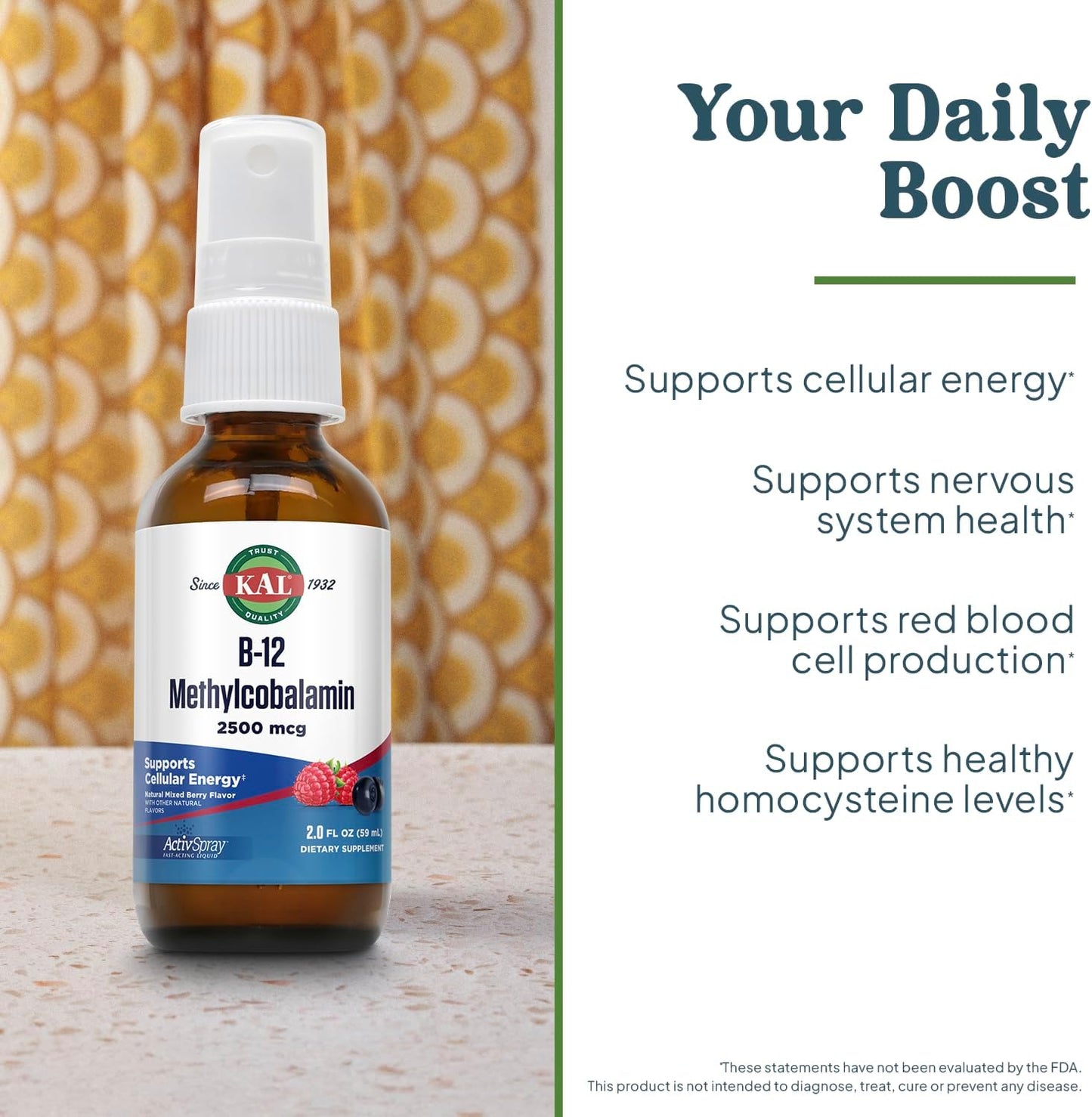 KAL Vitamin B12 Methylcobalamin ActivSpray 2500mcg, Supports Normal Energy-Yielding Metabolism, Nerve & Red Blood Cell Health, Fast-Acting Liquid B12, Maximum Absorption, Natural Berry Flavour, 80 Servings, 59ml - görsel 3