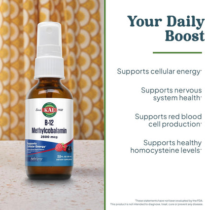 KAL Vitamin B12 Methylcobalamin ActivSpray 2500mcg, Supports Normal Energy-Yielding Metabolism, Nerve & Red Blood Cell Health, Fast-Acting Liquid B12, Maximum Absorption, Natural Berry Flavour, 80 Servings, 59ml