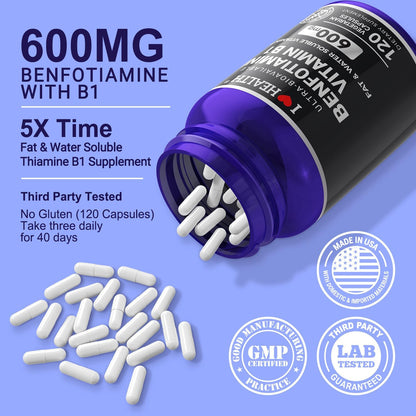 Benfotiamine 600mg Plus 20mg Vitamin B1 | 120 Veggie Capsules | Made in USA | Third-Party Tested