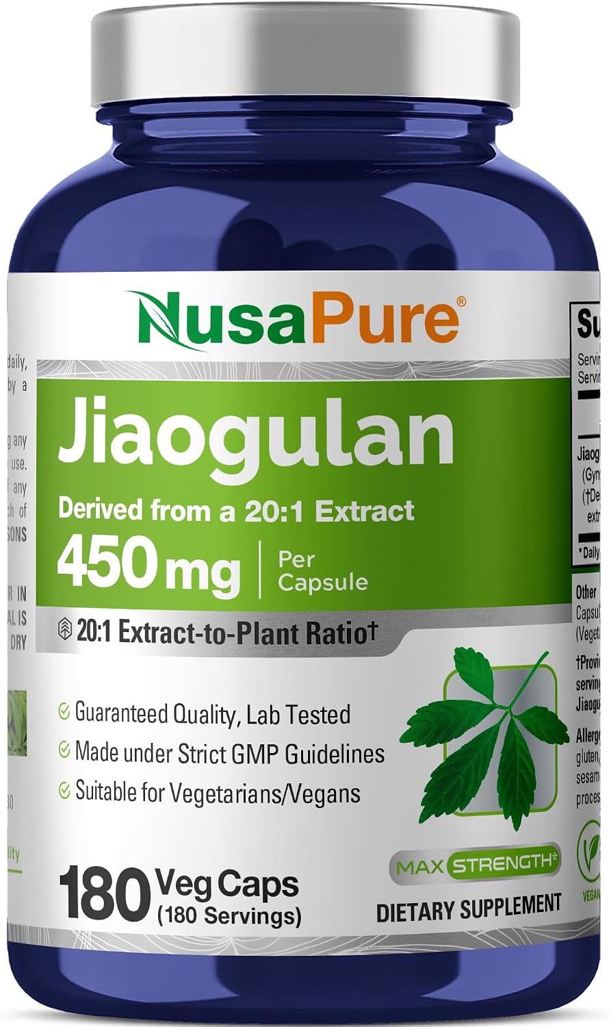 NusaPure Jiaogulan Capsules, 450 mg, 180 Veg Capsules (Non-GMO, Vegan) - görsel 1