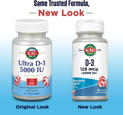 KAL Vitamin D3 Chewable, 5000 IU (125 mcg), Natural Peppermint Flavour, 60 Tablets