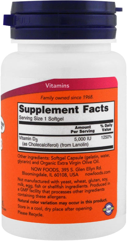 NOW Foods Vitamin D-3 5000 IU, 240 Softgels, Pack of 3