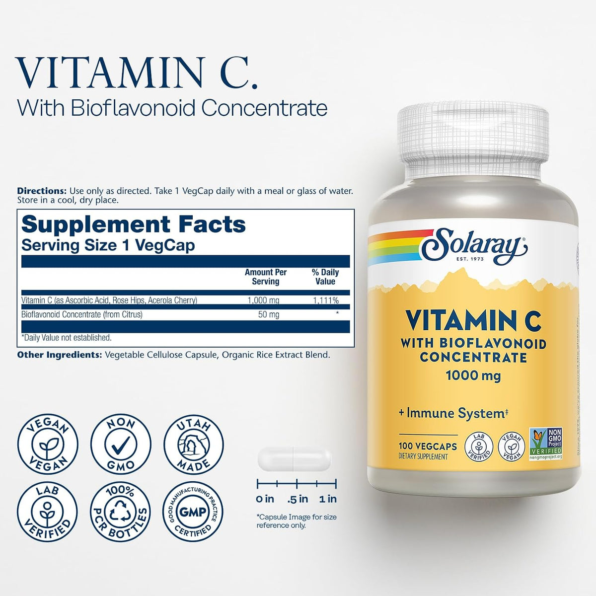 SOLARAY Vitamin C 1000mg with Bioflavonoids, Rose Hips & Acerola Cherry - Immune Function Supplement, Vegan, Non-GMO, 100 VegCaps - görsel 2