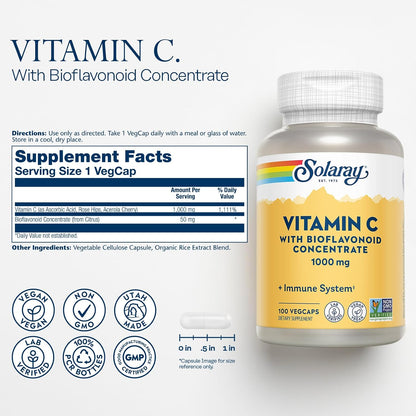 SOLARAY Vitamin C 1000mg with Bioflavonoids, Rose Hips & Acerola Cherry - Immune Function Supplement, Vegan, Non-GMO, 100 VegCaps