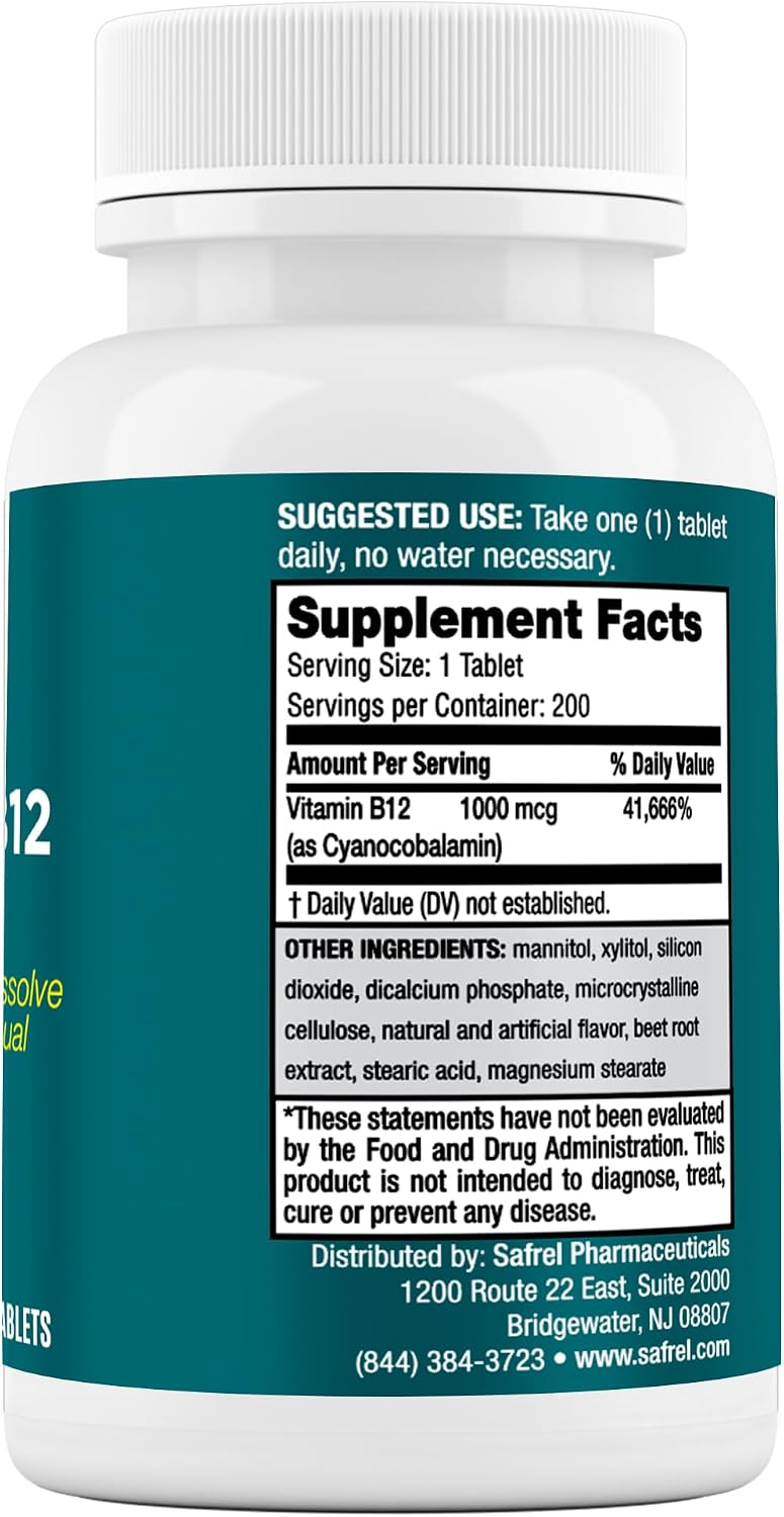 Safrel Vitamin B12 1000 mcg, 200 Fast Dissolve Tablets, Easy to Take Sublingual B12 Cherry Flavour, 200-Day Supply - görsel 3