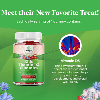 Chewable Vitamin D Gummies for Children - Delicious Vitamin D 1000 IU Per Serving - Toddler Immune Support Gummies - Berry Flavoured Supplement for Bone Health & Muscles - Gelatine Free - 60 Gummies