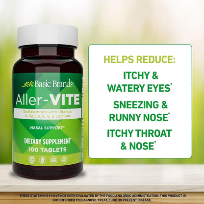 Basic Brands Aller Vite Nasal Support Tablets – High Bioflavonoid Complex with Vitamins and Calcium, Gluten-Free, 100 Tablets