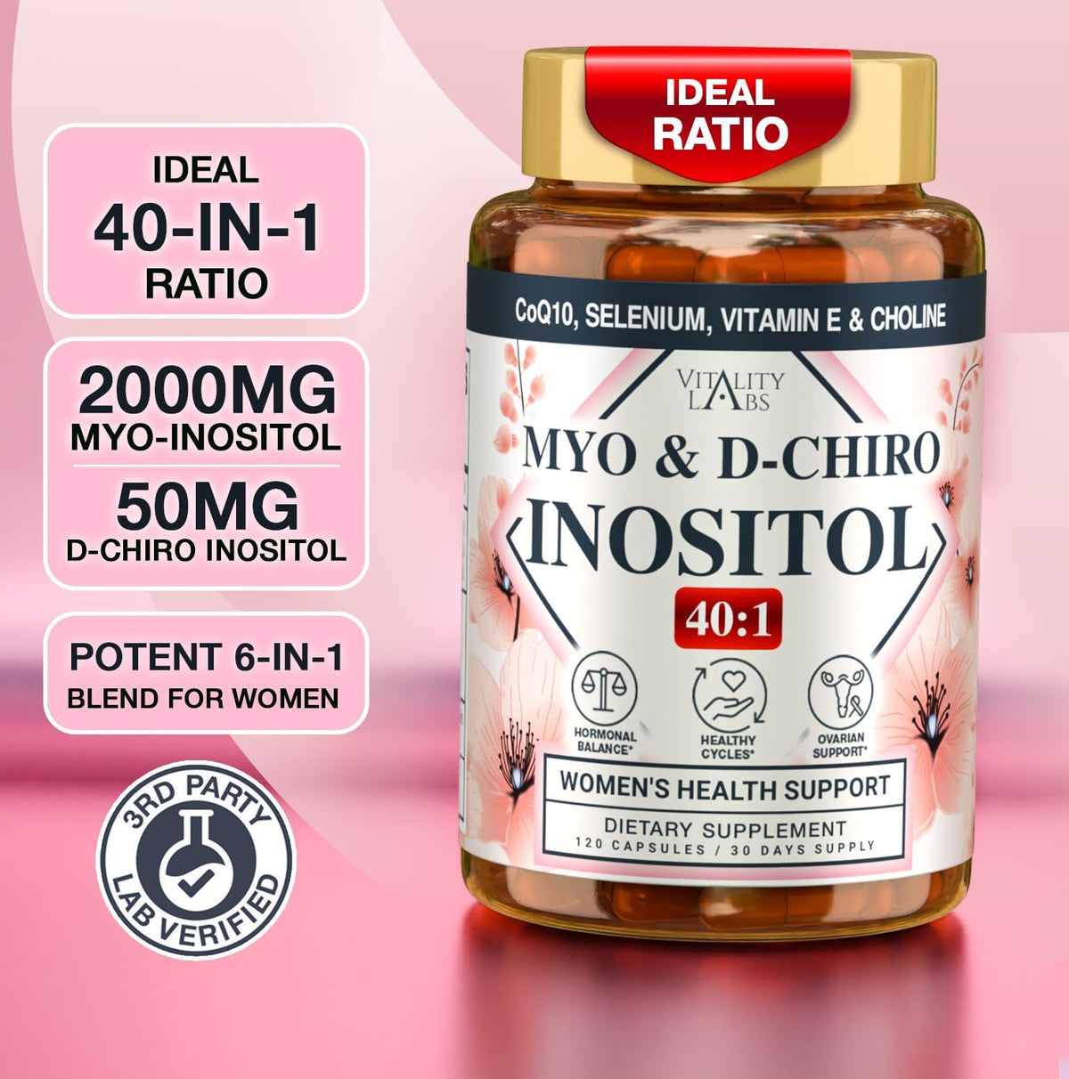 Myo-inositol & D-chiro Inositol Supplement for Women – Ideal 40:1 Ratio with CoQ10, Choline & Selenium – 120 Capsules - görsel 5