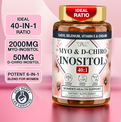 Myo-inositol & D-chiro Inositol Supplement for Women – Ideal 40:1 Ratio with CoQ10, Choline & Selenium – 120 Capsules