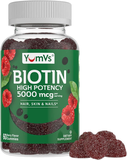 YumVs Biotin Gummies 5000mcg - Luscious Raspberry Flavour - Hair, Skin & Nails Supplement - 60 Count