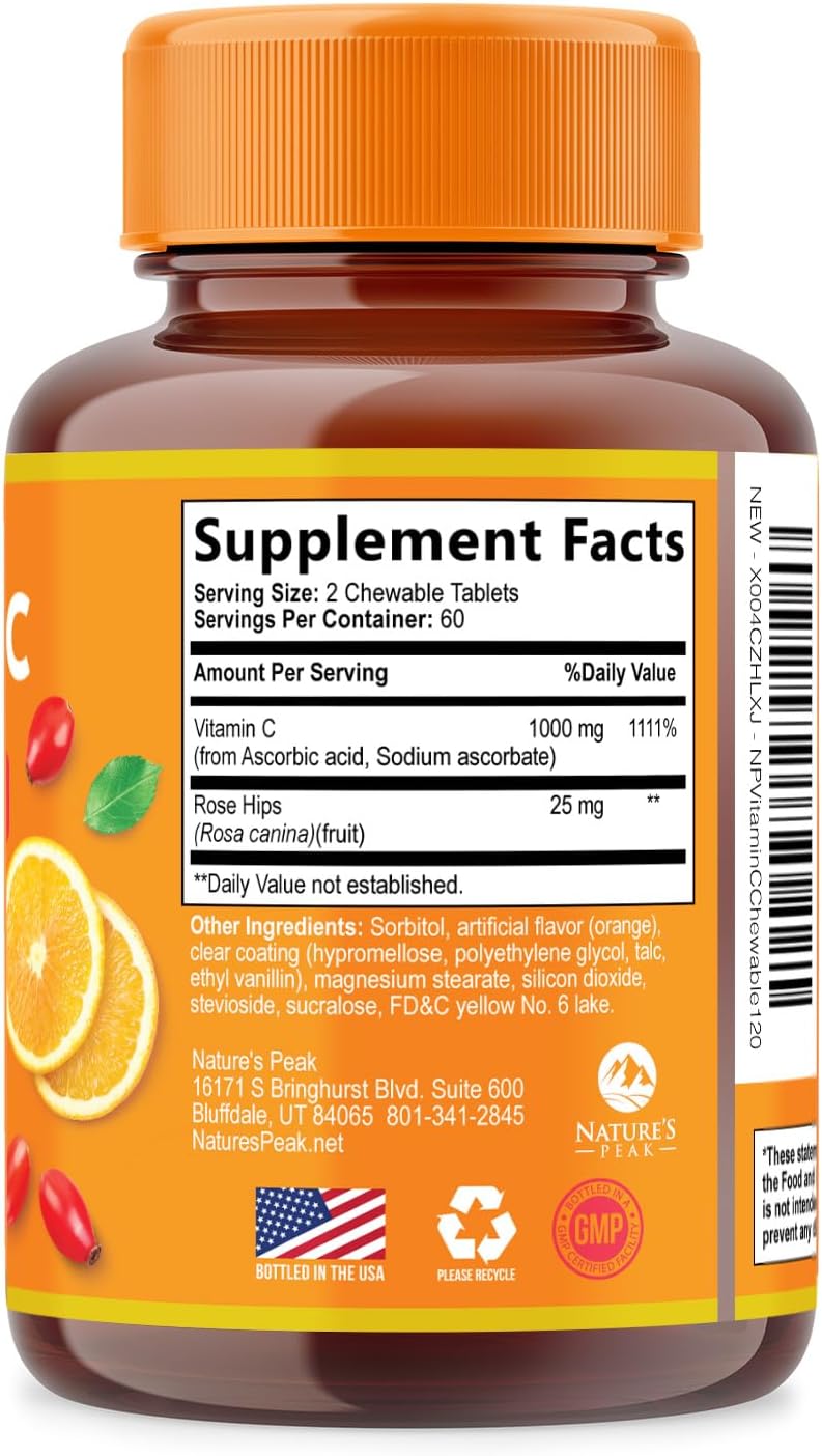 Nature's Peak Vitamin C 1000mg with Rose Hips - Chewable Tablets, Sugar-Free Orange Flavour, 120 Tablets - görsel 9